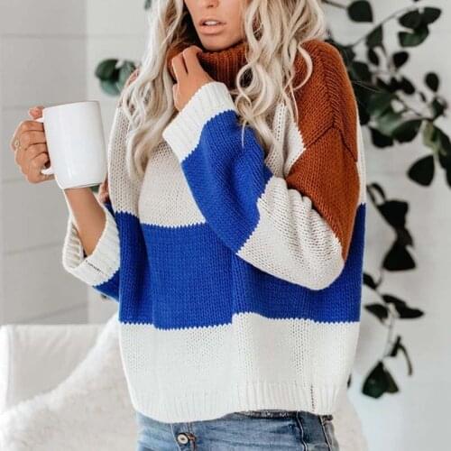 Color Block Turtleneck Sweater Womens Sweaters 2020 Jumpers Long Sleeve Striped Oversized Knitted Fluffy Sweater Pullover Women