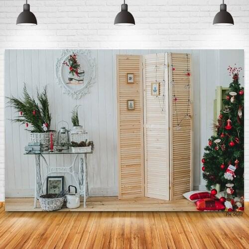 Interior Decor Photography Backdrops Merry Christmas Winter Tree Gift Wooden Floor White Wall Background Photo Studio Photozone