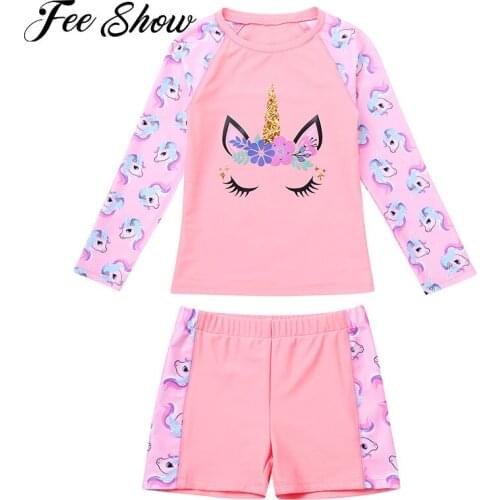 Kids Girls Swimsuit Two-Piece Suits Long Sleeves Cartoon Print Top and Boyshorts Set Sun protection Beach Swimwear Bathing Suits