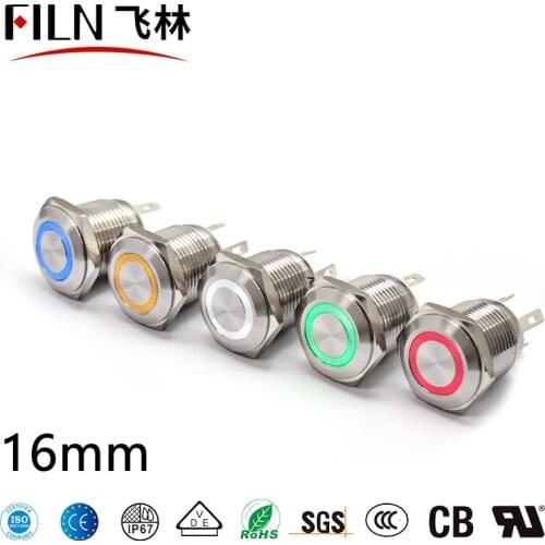 FILN 16mm Flat head red green yellow LED Metal Push Button Switch 12v 36v Momentary switch