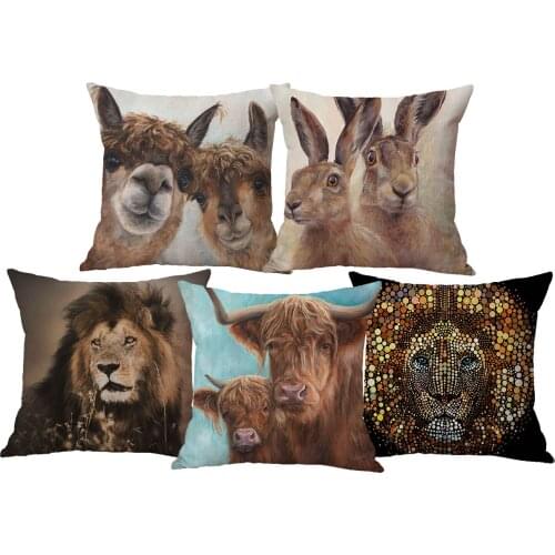 Highland Cow Rabbit Lion Cushion Covers Animals Painting Pillow Case 45X45cm Beige Linen White Polyetser Sofa Decoration