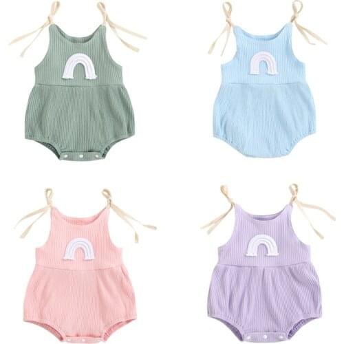Newborn Sleeveless Ribbed Romper Baby Girls Clothes Tie-up Arch Bridge Pattern U-shaped Neck Playsuit Childrens Clothing Set