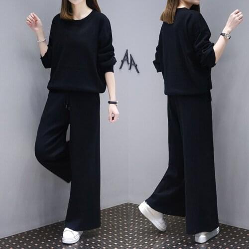 Set female solid color round neck shirt wide leg pants fashion two-piece 2019spring and autumn new loose casual womens clothing