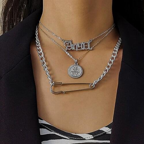 LOVOACC Multi Layer Paperclip Coin Chinese Letter Moon Star Pendant Necklaces for Women Necklace Creative Punk Hip Hop Jewelry