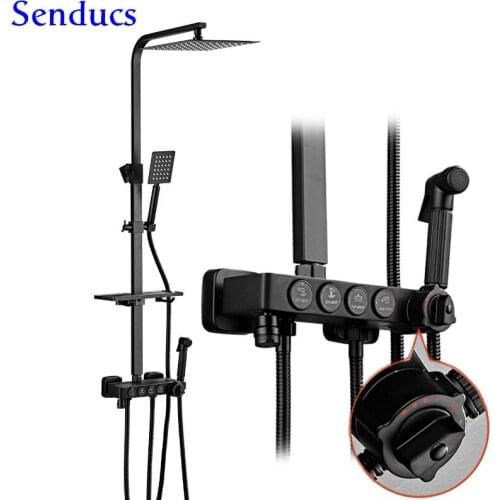 Senducs Black Thermostatic Shower Set 8 Inch Stainless Steel Shower Head Brass Bathroom Faucet Luxury Rain Black Shower Set