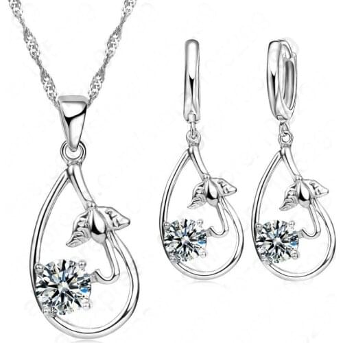 New Arrival 925 Sterling Silver Jewelry Crystal CZ Water Drop Shape Pendant Woman Female Necklace Drop Earring Set