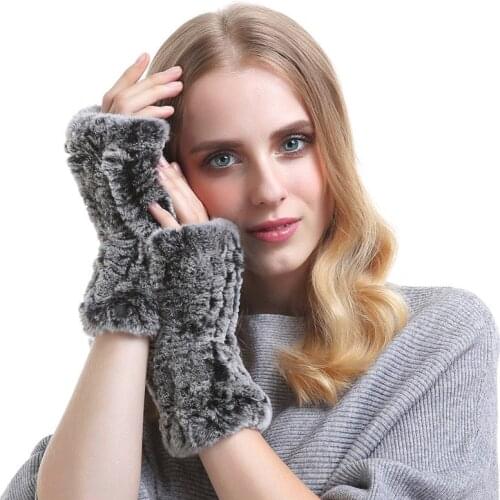 Women half finger gloves new rex rabbit hair leakage finger gloves elastic preparation gloves winter wristband fur gloves C2