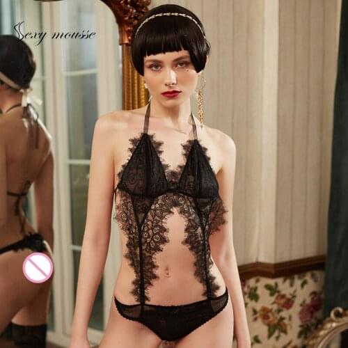 Sexy mousse Sexy buttocks design eyelash lace sexy French sexy pajamas suit onesies slim ultra-thin three-point bra underwear
