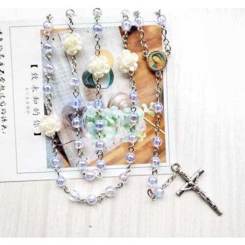 QIGO Religious Acrylic Rosary Necklace Long Cross Pendant Flower Necklace For Women Prayer Jewelry