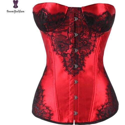 Lace Appliques Corset Overbust Corsets Elastic Boned Korset Satin Outfit Bustier Front Busk Closure Women Waist Slimming Gorset