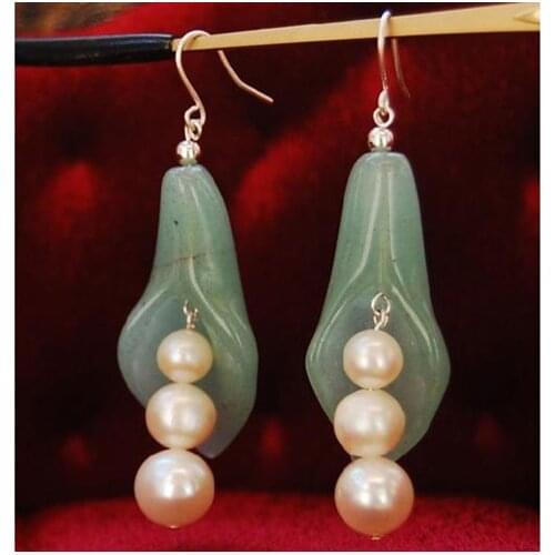 New Arriver Pearl Green Jades Jewellery,Freshwater Round Pearls Pea Pot Princess Earrings,925 Silver Dangle Earrings Hook
