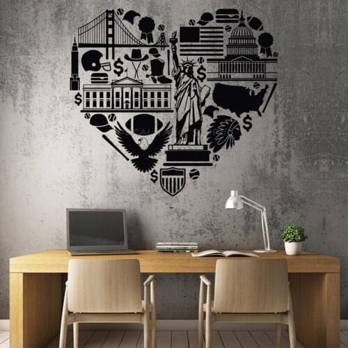 Wall Vinyl Decal US USA Love Heart Symbols Eagle Statue Of Liberty Football Unique Decal A13-093