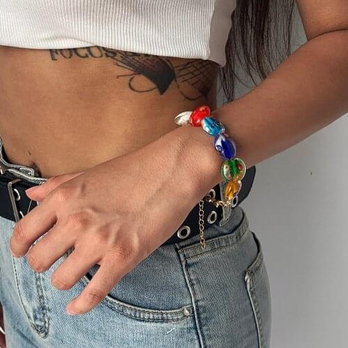 Lalynnly Colorful Glass Bracelets Bangles Heart Round Shaped Chain Bracelet Flower Pattern Bohemian Statement Jewelry B1126