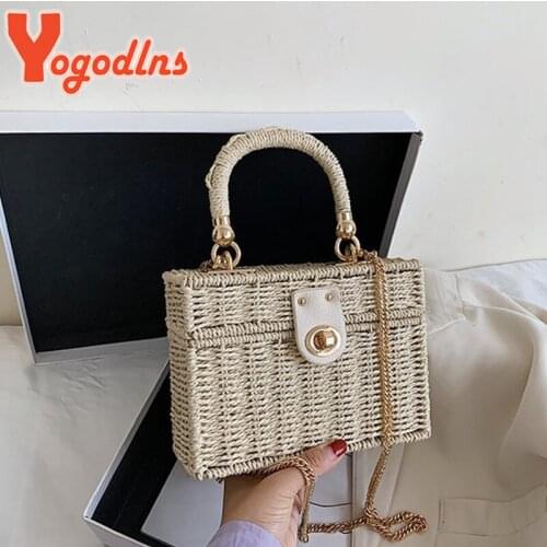 Yogodlns Summer Hot Straw Bag Women Handmade Rattan Shoulder Bag Travel Vacation Beach Bag Fashion Small Square Bag Box Pouch