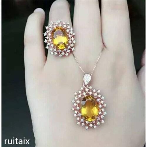 KJJEAXCMY boutique jewels 925 Pure silver inlay natural snow crystal yellow crystal womens ring + necklace + pendant set inlay