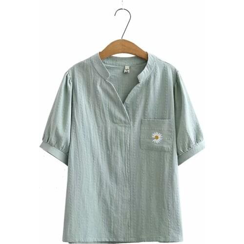 Plus size V neck Jacquard women loose tshirts 2021 new summer casual ladies cotton linen Embroidery t shirts female top