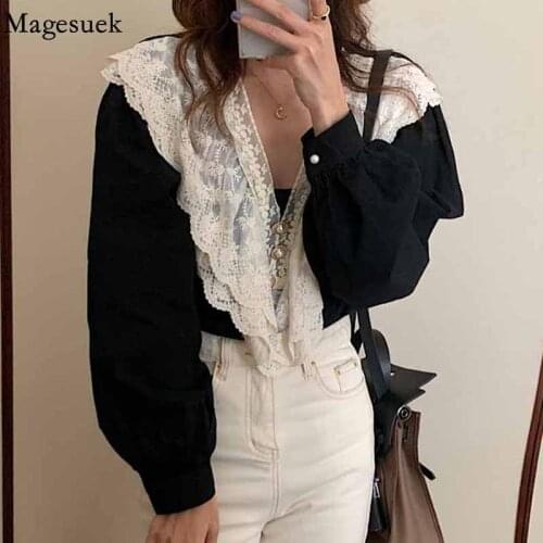 Korean Fashion Patchwork Ruffle Blouse for Women Lantern Sleeve Loose Lace Vintage Shirt V Neck Elegant Blouse Women Tops 16962