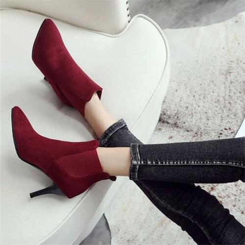 Women boots newest zipper super high thin heels pointed toe flock and pu metal buckle fashion sexy three colors booties