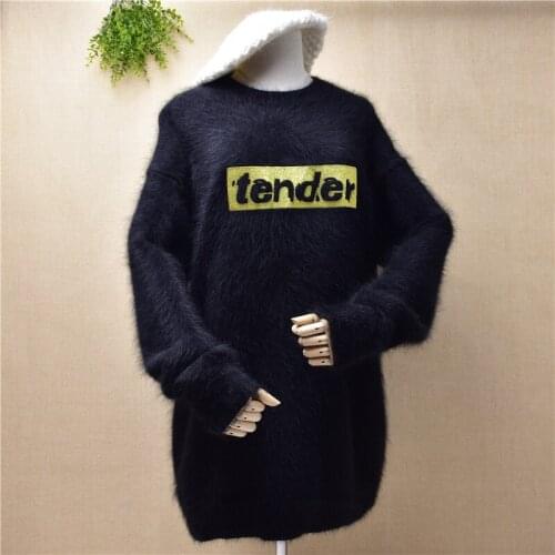 New women female mid long winter long sleeve round neck sweater letter knitted mink cashmere plush warm thick sweater Pullover