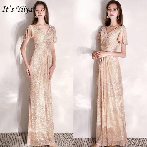 Its Yiiya Evening Dresses Long V-neck Short Sleeve Evening Dress For Women Plus Size Robe De Soiree K022 Elegant Formal Gowns