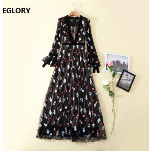 Top Quality New 2020 Spring Summer Long Party Evening Vestidos Women Allover Luxurious Embroidery Long Sleeve Maxi Dress Vintage