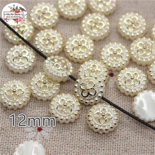100pcs/lot 12mm ivory golden flower round pearl Beads ABS Resin Flatback Simulated pearl Beads DIY beads one hole