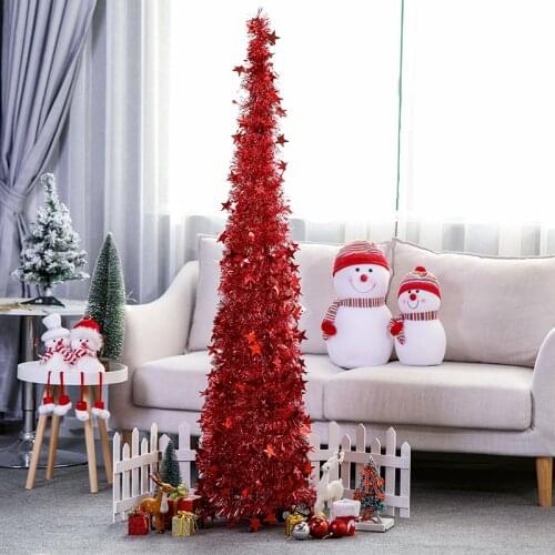 3.9/5Ft Artificial Tinsel Pop Up 3D Red Christmas Tree with Stand Gorgeous Sequins Star Collapsible Xmas Party Trees Decorations