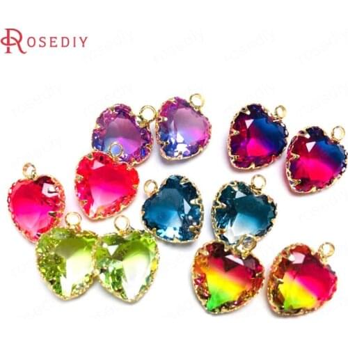 38184)6PCS 12MM 24K Champagne Gold Color Brass and Glass Colorful Rainbow Style Heart Shape Charms Pendants Jewelry Findings