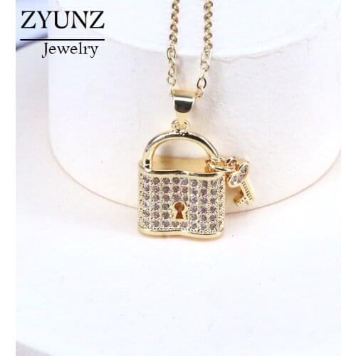 6PCS, Padlock Shaped Fashion Jewelry Classic Micro Pave CZ Womens Lock Pendant Necklace Gold Color Crystal Zirconia Jewelry