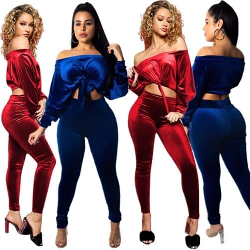 7DN8038 Autumn Winter Women Casual Sexy Solid Strapless Navel Two Piece Set Top and Pants Tracksuit Sweatsuit Outfits Hot