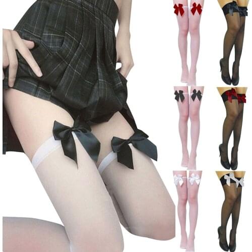Girly bow Lady Satin Bow Cute Sexy Legs Long Tube Transparent High Thigh Stocking bas nylon ремень для чулок sexy socks women T3