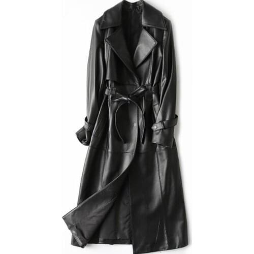 Long Real Sheepskin Leather Jacket Women Windbreaker Leather Coat with Belt Natural Lambskin Garment for Spring and Autumn