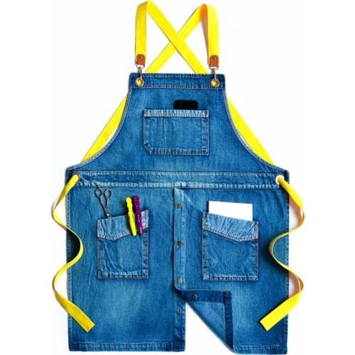 Women Men Cross Back Adjustable Jean Bib Apron Buttons Front Vintage Washed Denim Work Apron with Pockets for Garden