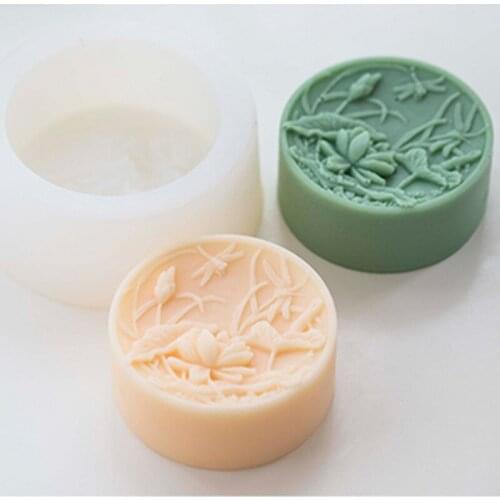 Dragonfly Lotus Handmade Soap Mold Water Lily Round Soap Molds for DIY Household Soap Making Scented Candle Resin Crafts Molds