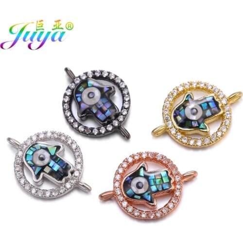 Juya DIY Jewelry Accessories Supplies Opal Shell Hamsa Hand With Evil Eye Charm Connectors For Women Bracelet Making Fitting