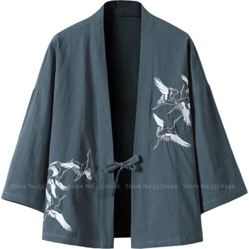 Japanese Style Kimono Robes Traditional Crane Print Haori Cardigan Asian Clothes Samurai Yukata Men Jackets Hip Hop Streetwear