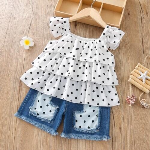 Kids Girls Clothes Set Toddler Girl Summer Polka Dot Print Ruffle Sleeveless Top+Denim Shorts 2PCS Outfit Children Clothing Set