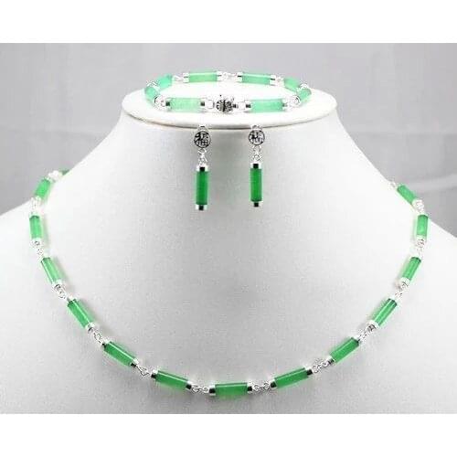 Natural green jade Sterling Silver 925 Fortune Necklace Earrings Bracelet Set