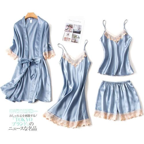 Women New Pajamas Sets Sexy Female Pajamas Suit Satin 4PCS Sleepwear Summer Casual Robe Set Lady Lace 4PCS Nighty&Robe Set