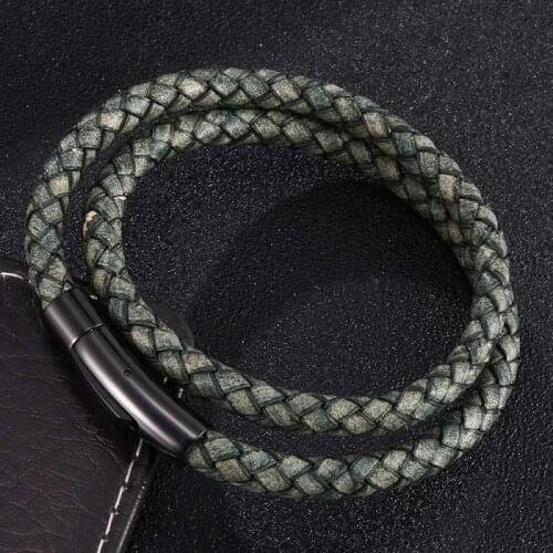 Retro Green Fashion Double Layer Braided Leather Bracelet Men Women Stainless Steel Snaps Unisex Jewelry Accessories Gifts 0486