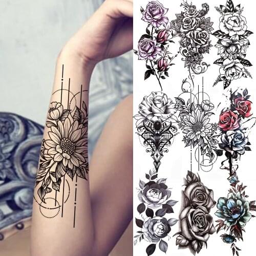 Beautiful Daisy Line Art Temporary Tattoo For Women Adult Black Rose Peony Fake Flower Tattoo Sticker Bouquet Makeup Tools Tatoo