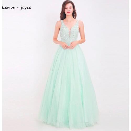 Lemon joyce Mint Prom Dresses 2020 New Arrivals Sexy V-Neck Backless A-Line Floor Length Beaded Tulle Long Party Dresses Girls
