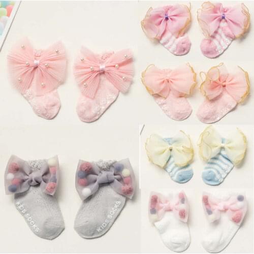 Newborn Summer Non-slip Socks Cotton Girl Mesh Thin Socks Pearl Dispense 0-24 Months Full Bow Large Lace Baby Socks Plain Socks
