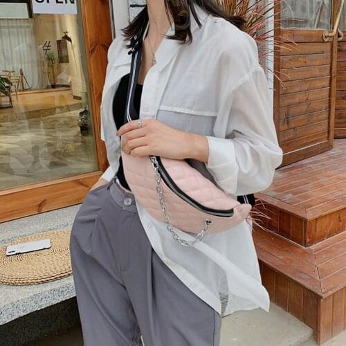 Fashion Lattice Pattern Chain Waist Bag Women PU Leather Solid Color Zipper Fanny Shoulder Chest Belt Pouch Travel Daily Pack