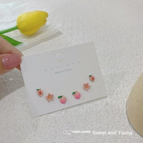 S925 Fashion Pink Peach Earrings Set Girl Heart Cute Sweet Fruit Summer New Small Fresh Earrings Female Trend