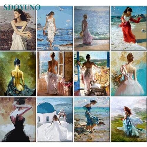 SDOYUNO Drawing by numbers Girl looking at the sea 60x75cm DIY Painting By Numbers Frame Home Decor Digital Painting On Canvas