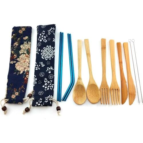 Portable Eco Friendly Flatware Set 12PCS Bamboo Cutlery Set Knife Fork Spoon Reusable Straws Chopsticks Bamboo Travel Utensils