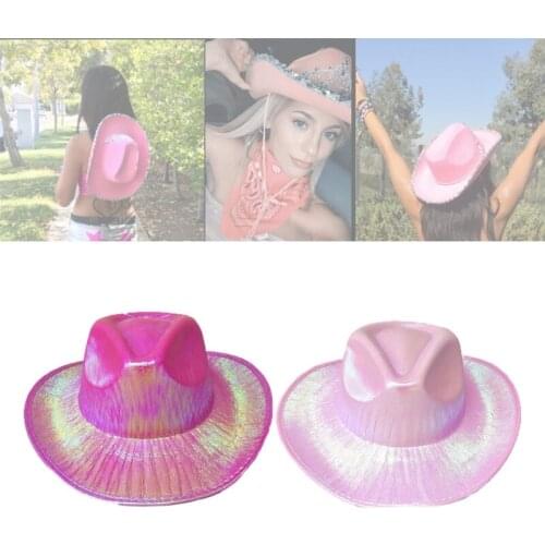 Neon Sparkly Glitter Space Cowboy Hat Fun Metallic Holographic Party Disco Dress Up Cowboy Hat Pink Glitter LX9E