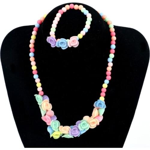 Candy Colors Beaded Bubblegum Flower Pendant Necklace Kids Birthday Gift Jewelry Accessory Baby Girl Bracelet Necklace Set XL-13