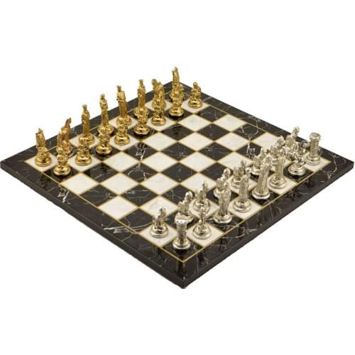 Gift Home Metal Chess Set Medium Trojan Sparta Bright Stone And Marble Patterned Chessboard elegant and authentic design